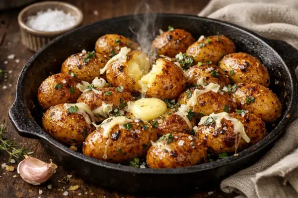 Pommes de terre grenaille au four, dorées et fondantes, garnies de fromage et de persil, avec une noix de beurre qui fond.